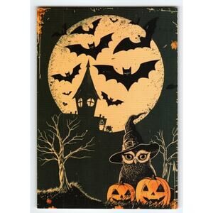 Vintage Halloween Postcard Owl Witch Pumpkin Bats Full Moon Art